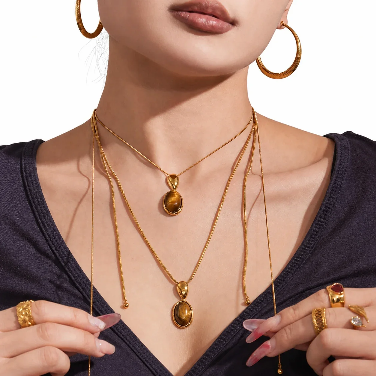 Vintage 18K Gold-Plated Oval Bezel Stone Pendant Necklace