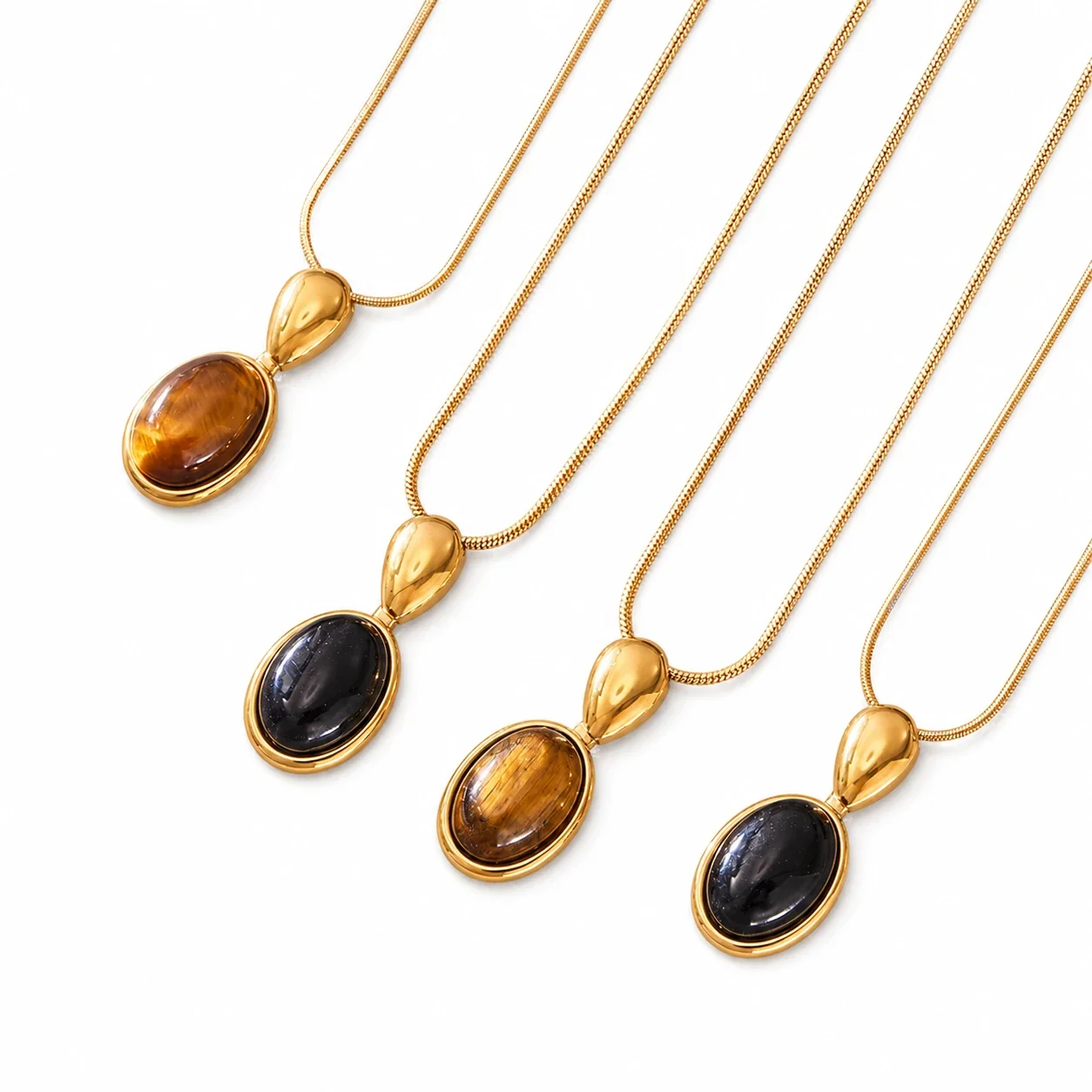 Vintage 18K Gold-Plated Oval Bezel Stone Pendant Necklace
