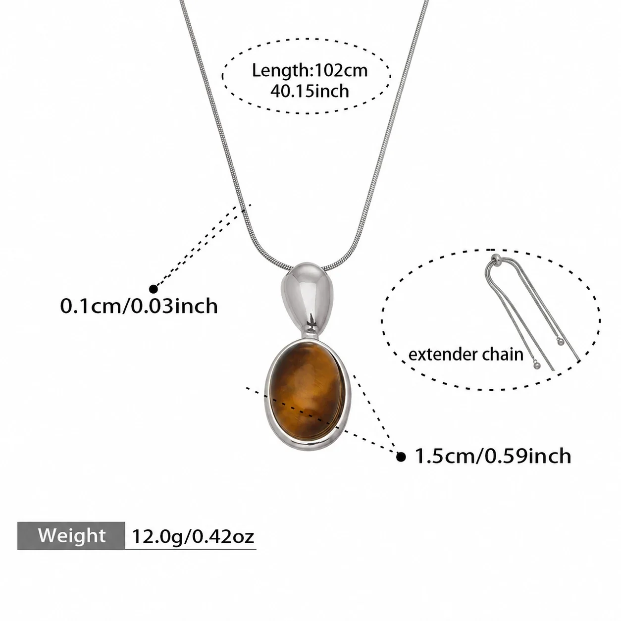 Vintage 18K Gold-Plated Oval Bezel Stone Pendant Necklace - Silver Tiger Eye Chunky cm