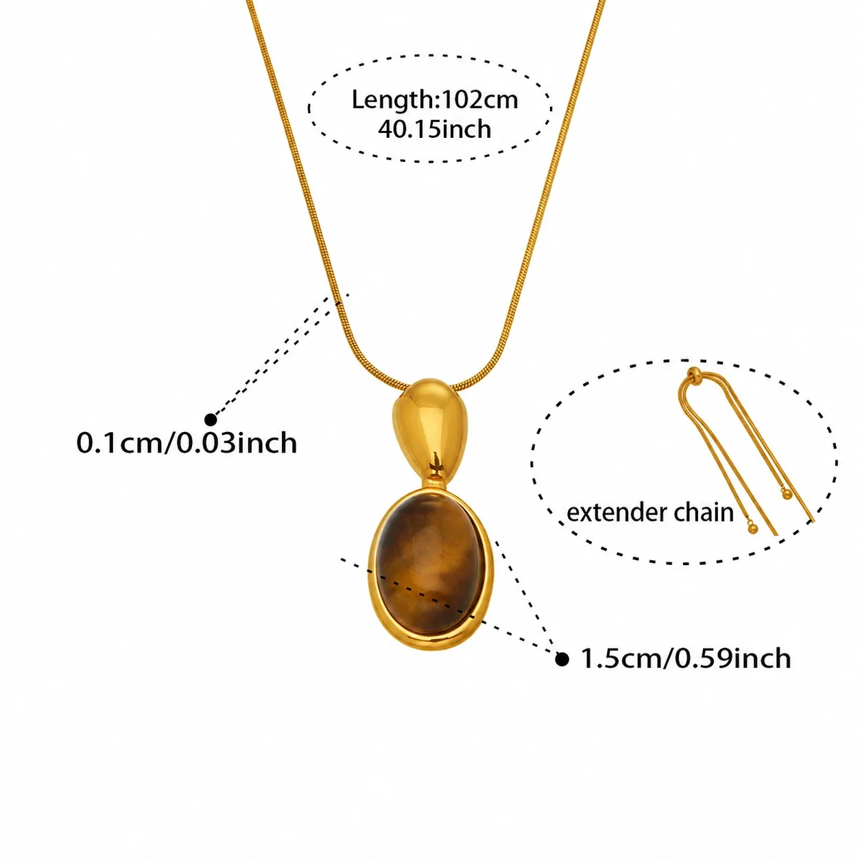 Vintage 18K Gold-Plated Oval Bezel Stone Pendant Necklace - Gold Tiger Eye Chunky cm