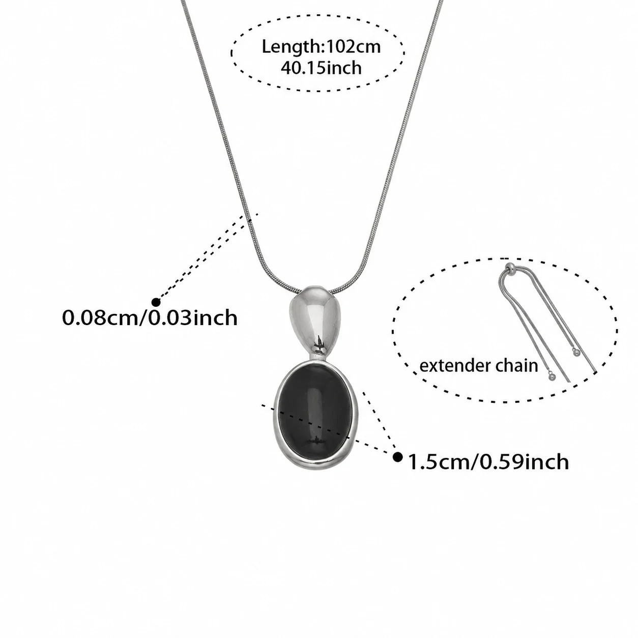 Vintage 18K Gold-Plated Oval Bezel Stone Pendant Necklace - Silver Black Agate Slim cm