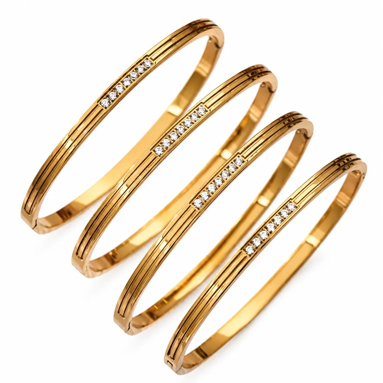 Polished Gold-Plated Grooved CZ Hinged Bangle