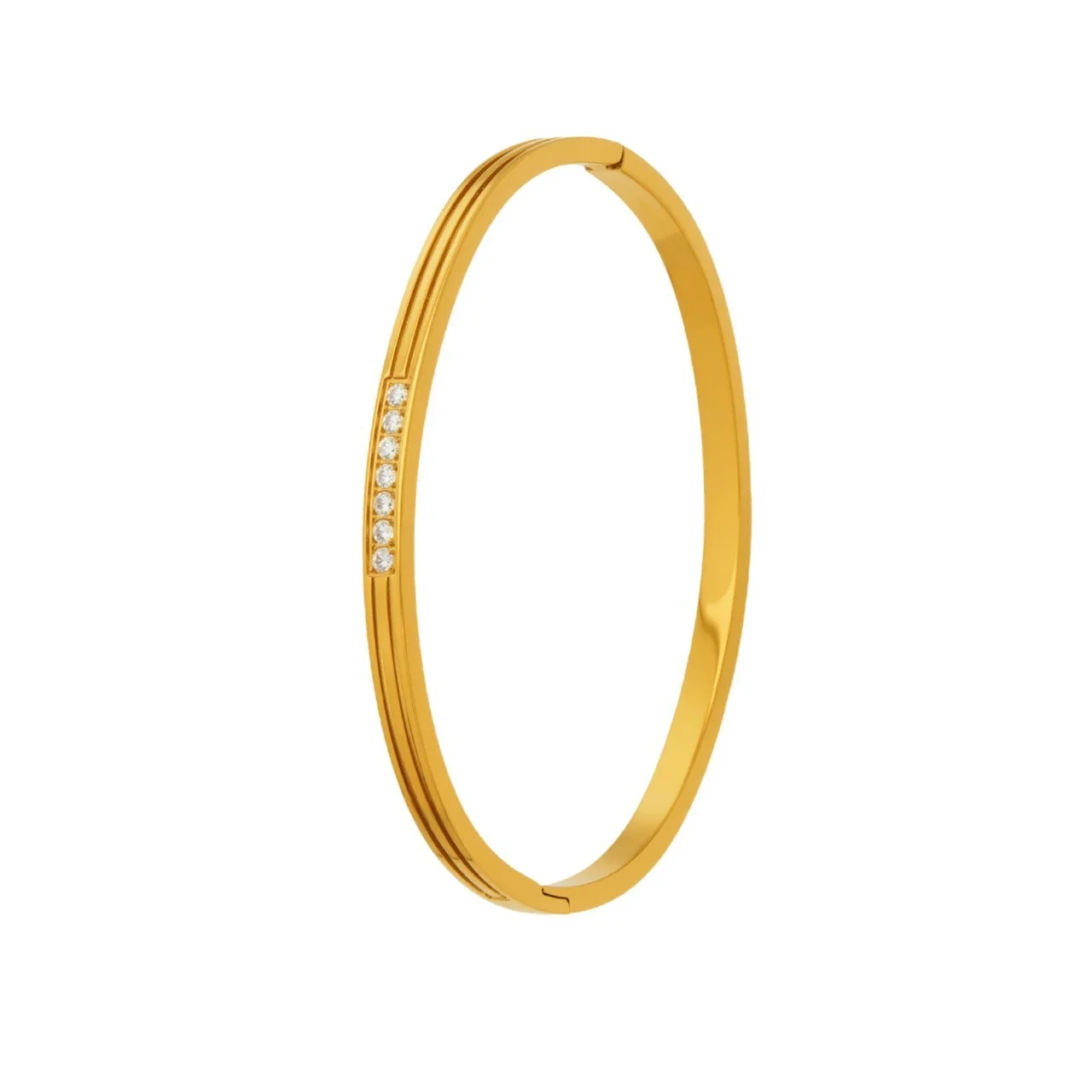 Polished Gold-Plated Grooved CZ Hinged Bangle