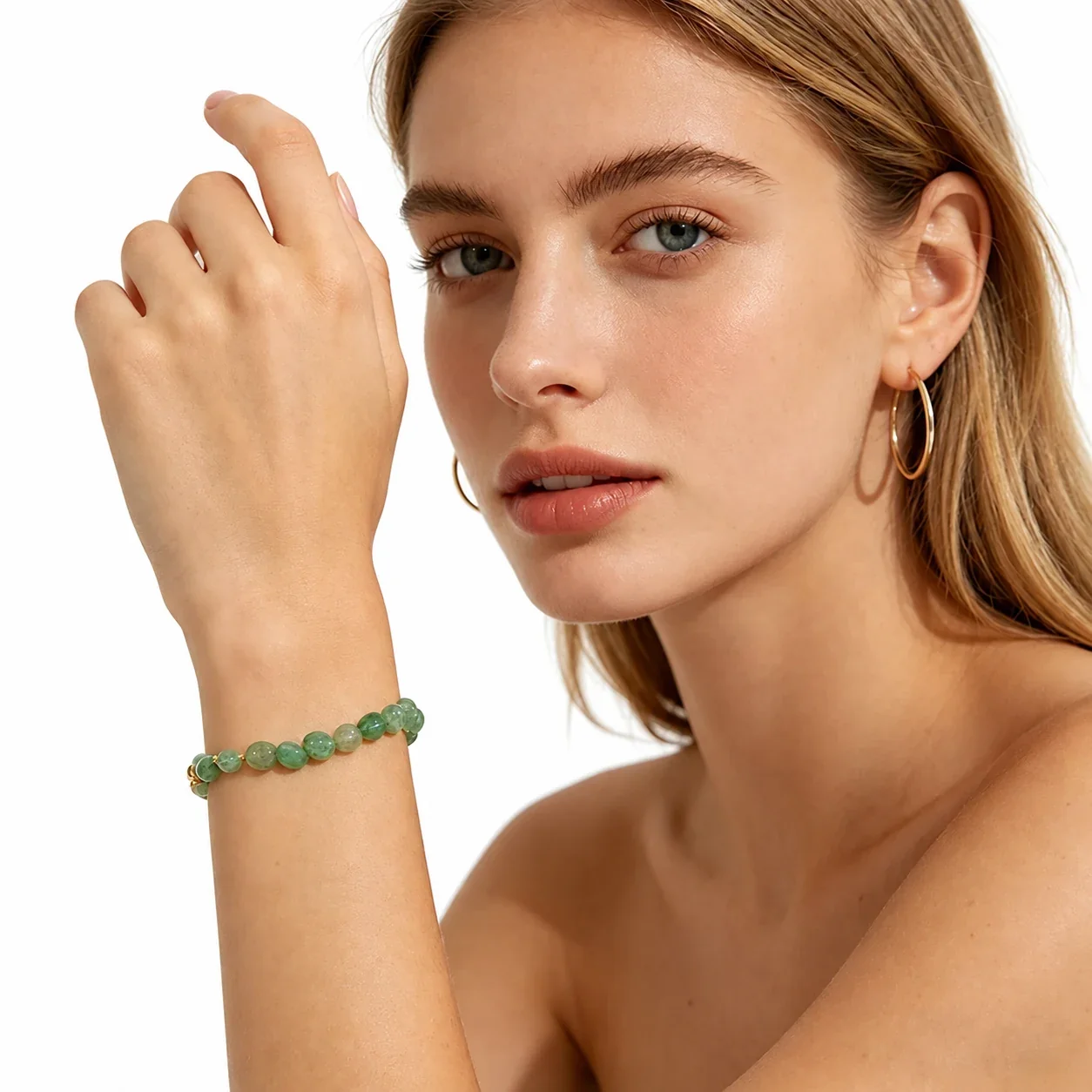 Beaded Green Stone Bracelet, 14K Gold PVD, 316 Stainless Steel