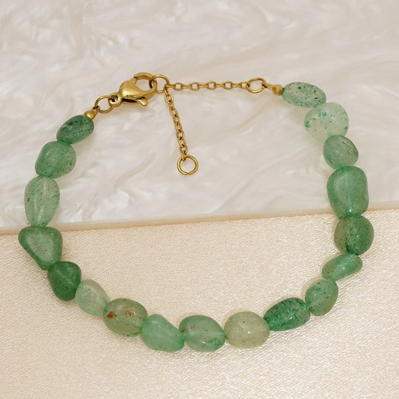Beaded Green Stone Bracelet, 14K Gold PVD, 316 Stainless Steel