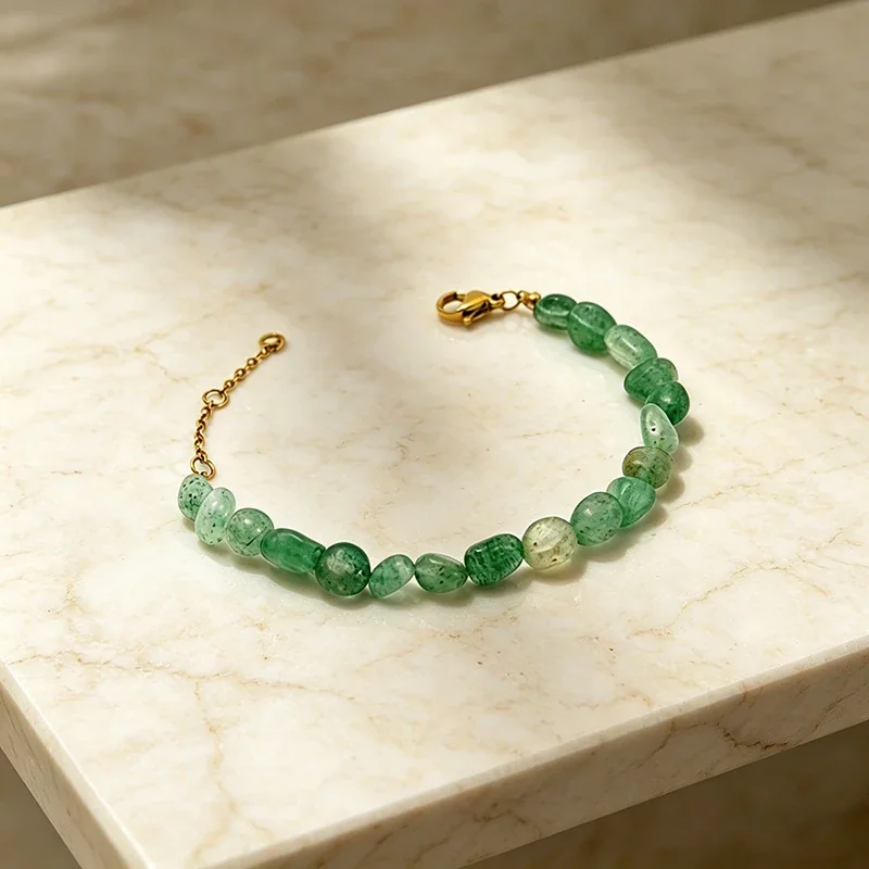 Beaded Green Stone Bracelet, 14K Gold PVD, 316 Stainless Steel