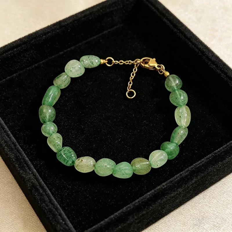 Beaded Green Stone Bracelet, 14K Gold PVD, 316 Stainless Steel