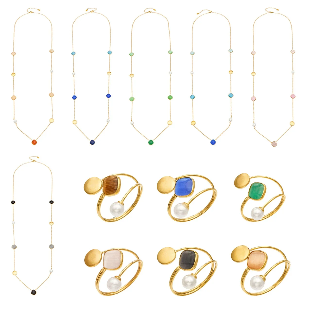Jewelry Set Cat's-Eye Open Rings, 18K Gold-Plated Steel