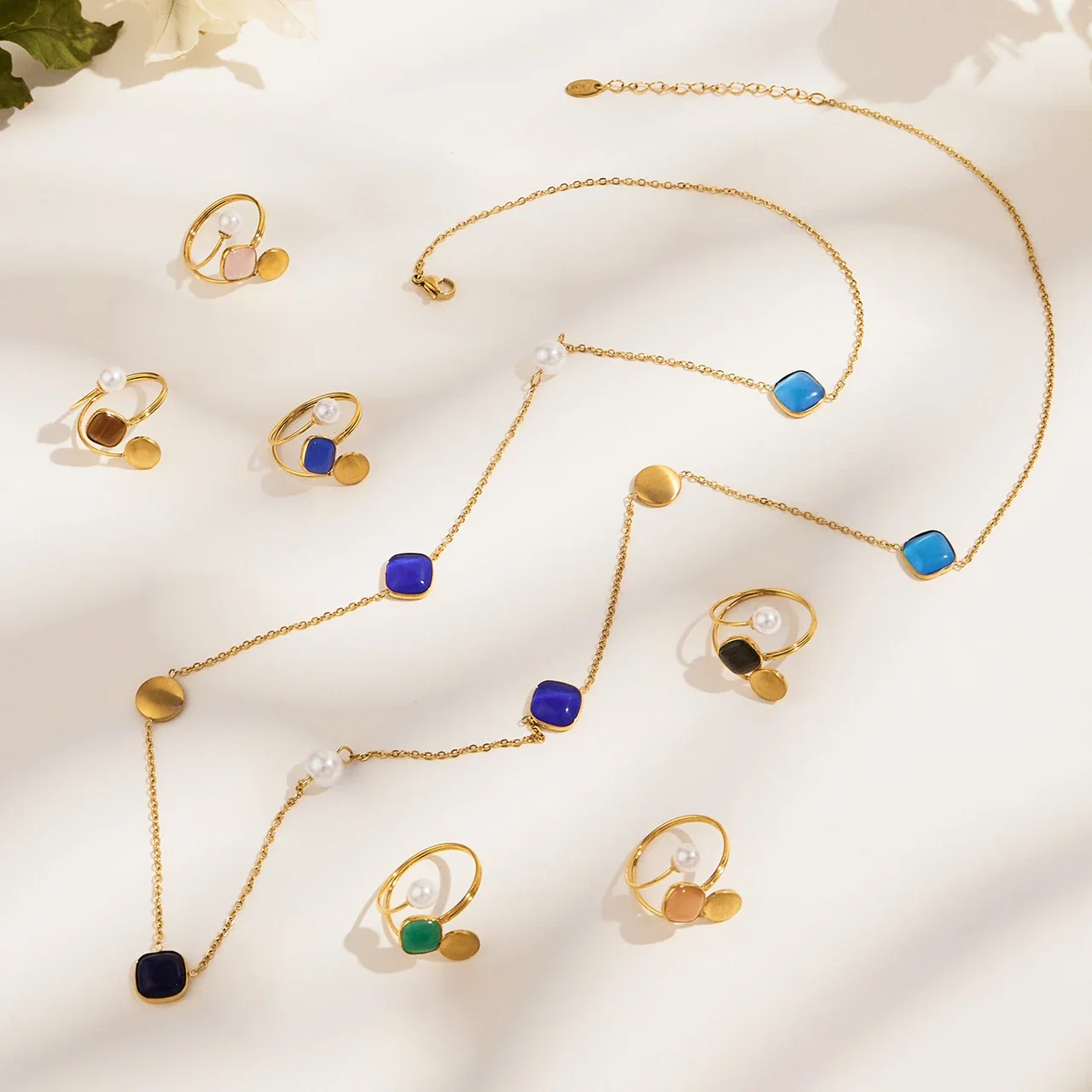 Jewelry Set Cat's-Eye Open Rings, 18K Gold-Plated Steel