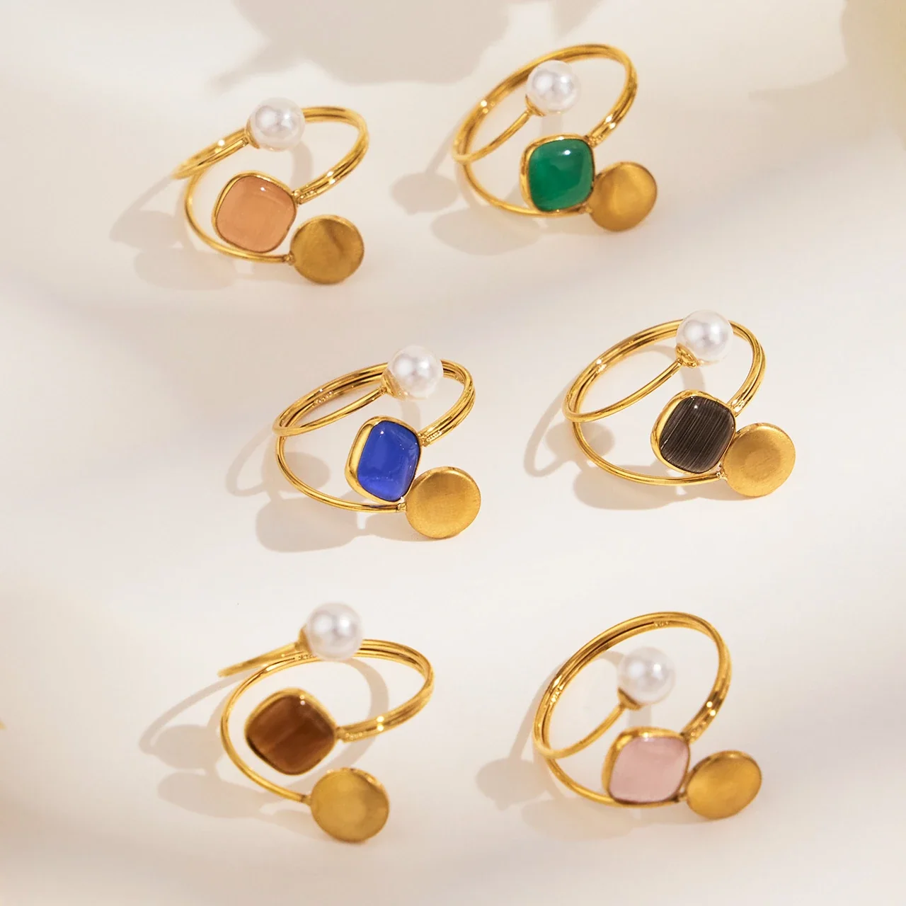 Jewelry Set Cat's-Eye Open Rings, 18K Gold-Plated Steel