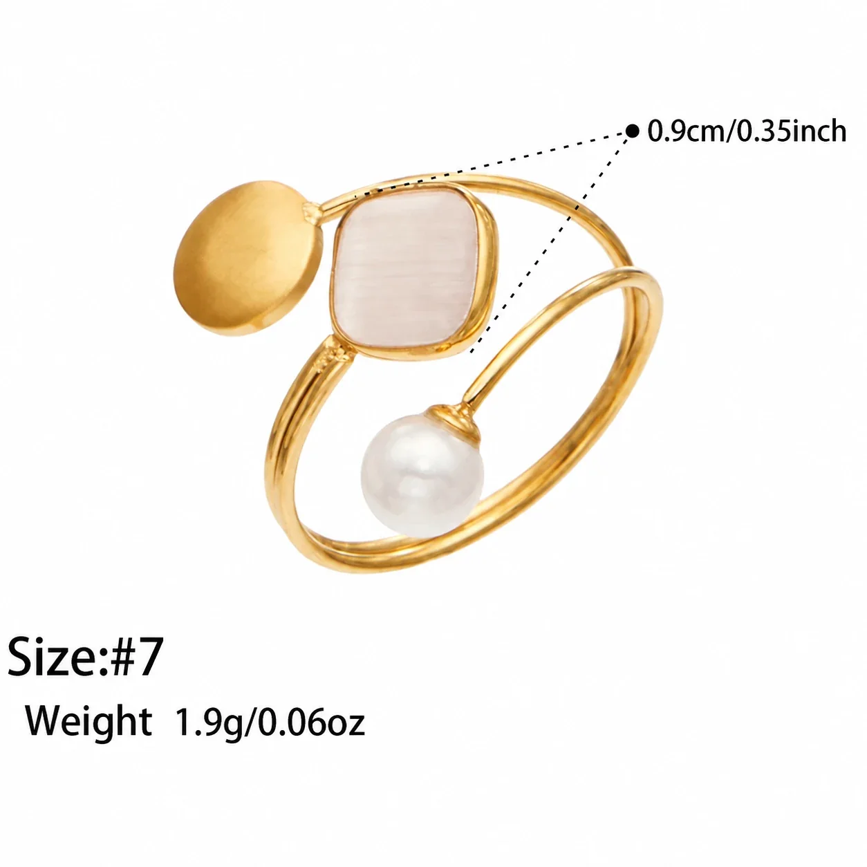 Jewelry Set Cat's-Eye Open Rings, 18K Gold-Plated Steel - Pink Cat's-Eye Stone Open - Size