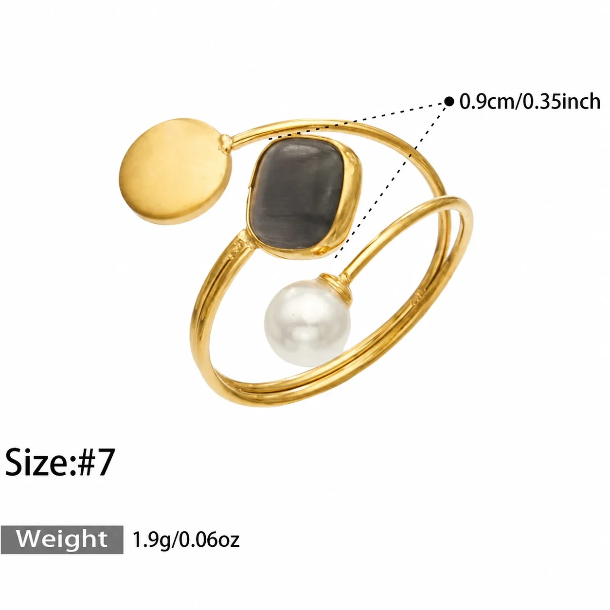 Jewelry Set Cat's-Eye Open Rings, 18K Gold-Plated Steel - Black Cat's-Eye Stone Open - Size