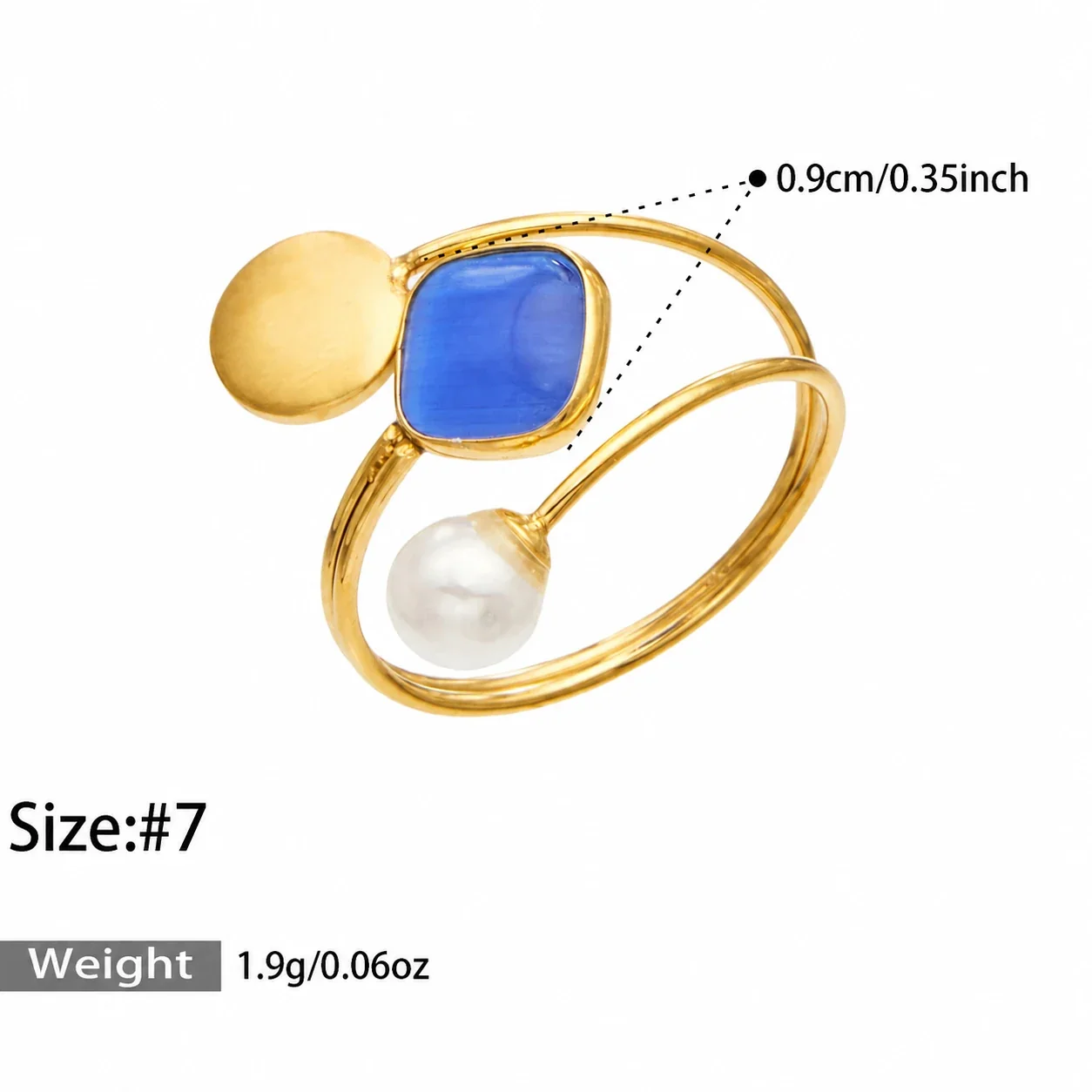 Jewelry Set Cat's-Eye Open Rings, 18K Gold-Plated Steel - Blue Cat's-Eye Stone Open - Size