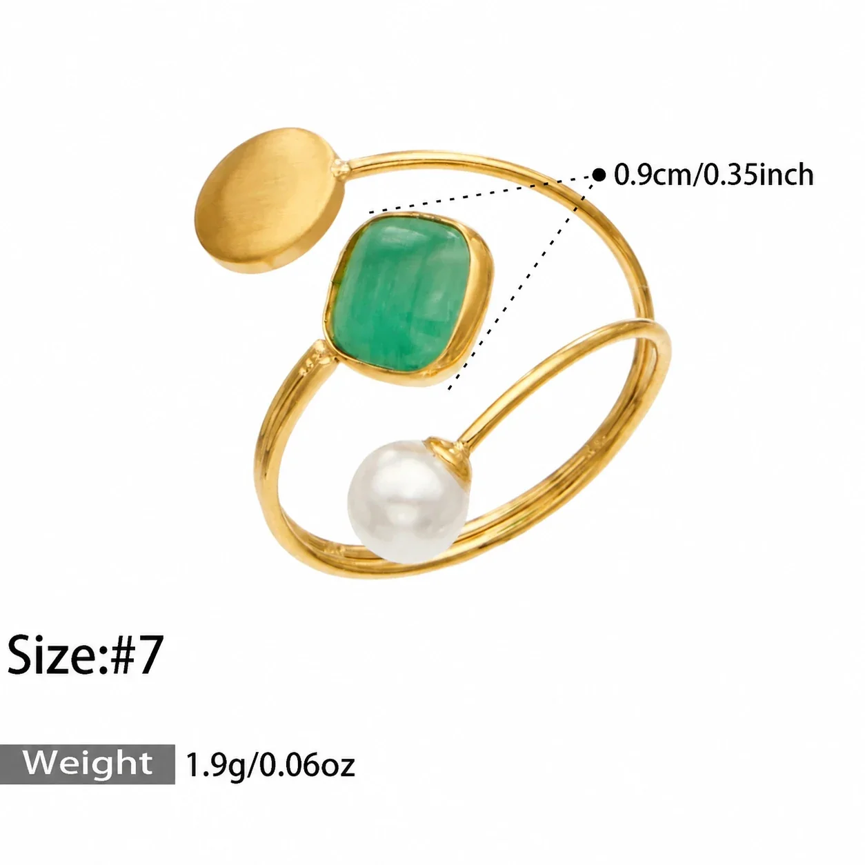 Jewelry Set Cat's-Eye Open Rings, 18K Gold-Plated Steel - Green Cat's-Eye Stone Open - Size