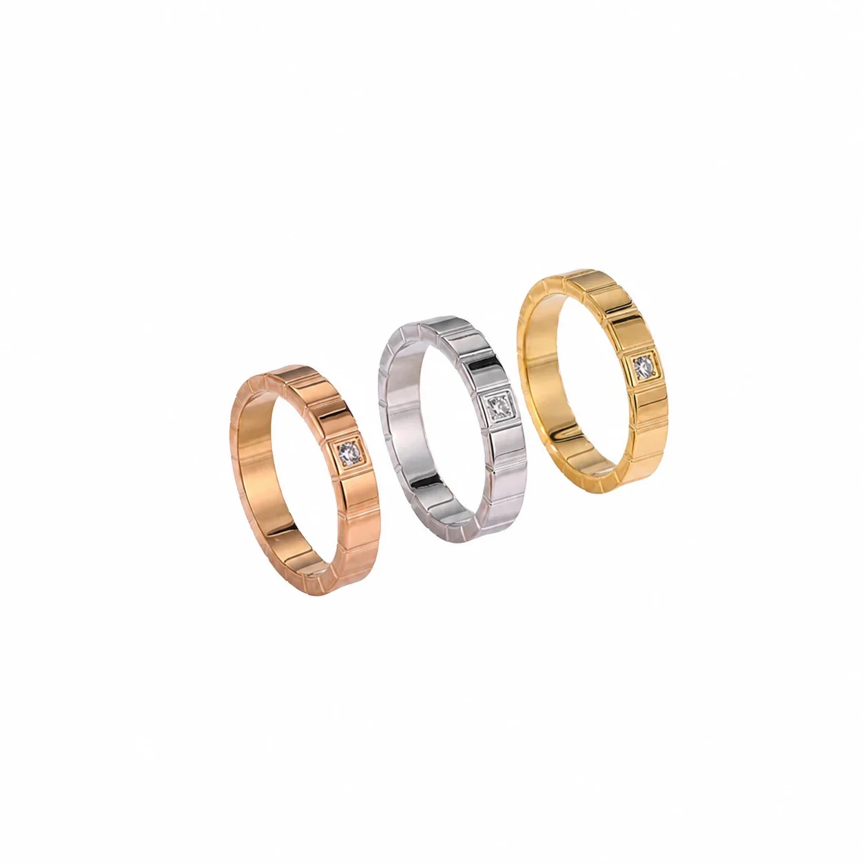 Geometrischer Edelstahl Ring mit Block-Paneelen und bündig gefasstem Kristall