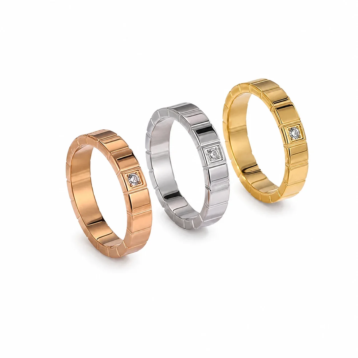 Geometric Stainless Steel Block-Panel Flush Crystal Band Ring