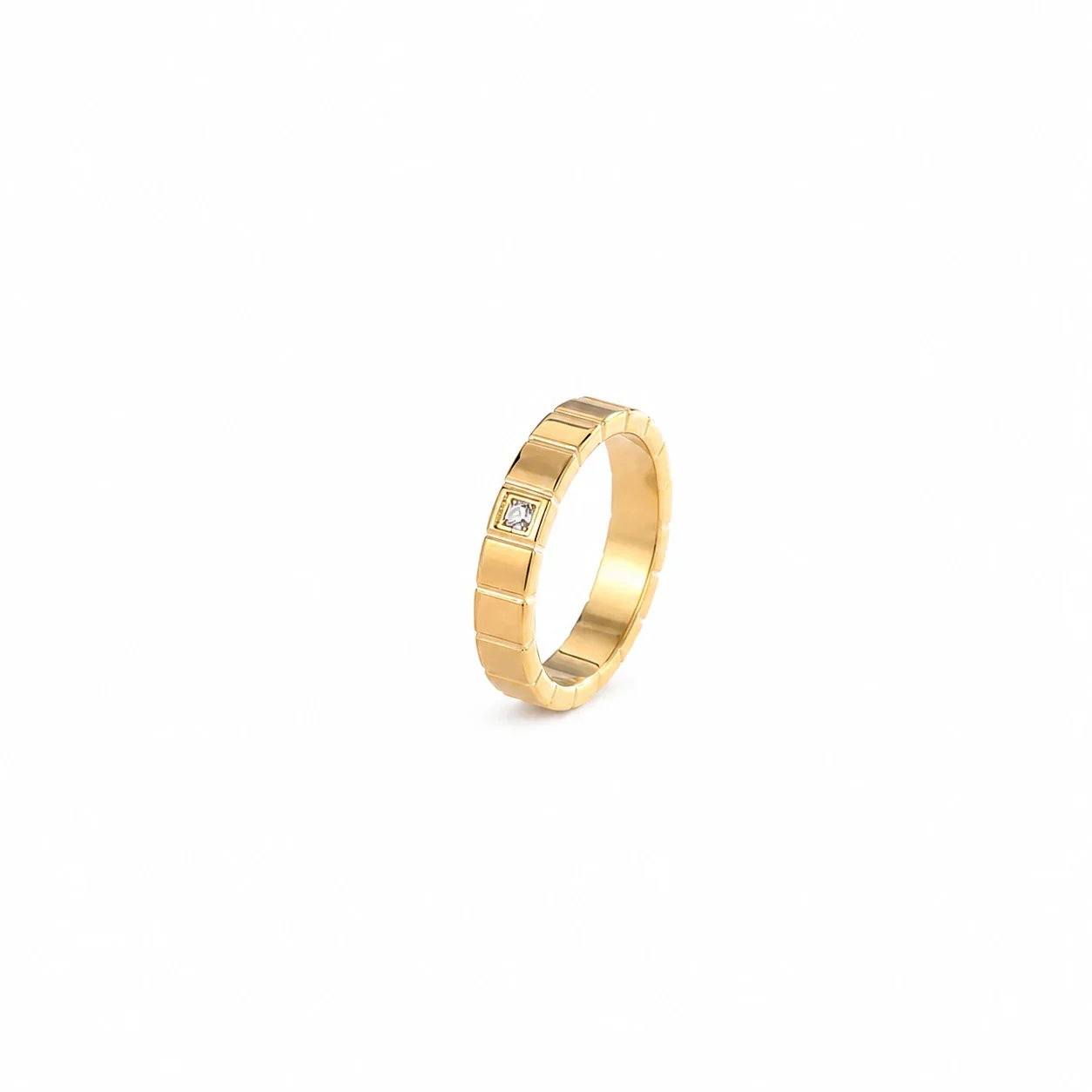 Geometric Stainless Steel Block-Panel Flush Crystal Band Ring