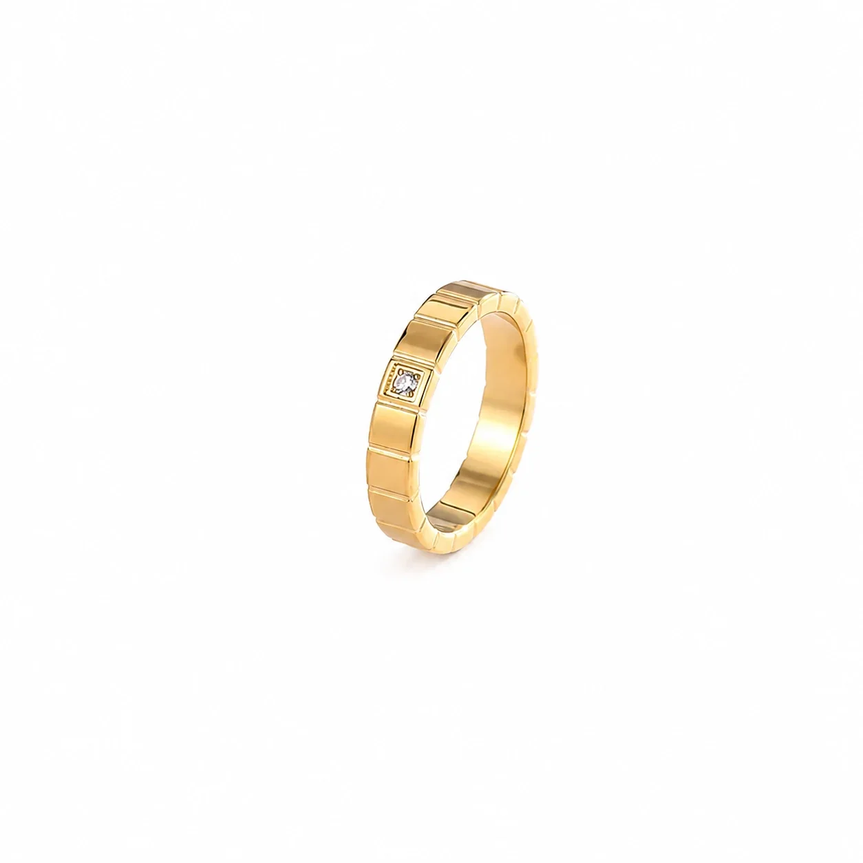 Geometric Stainless Steel Block-Panel Flush Crystal Band Ring - Gold