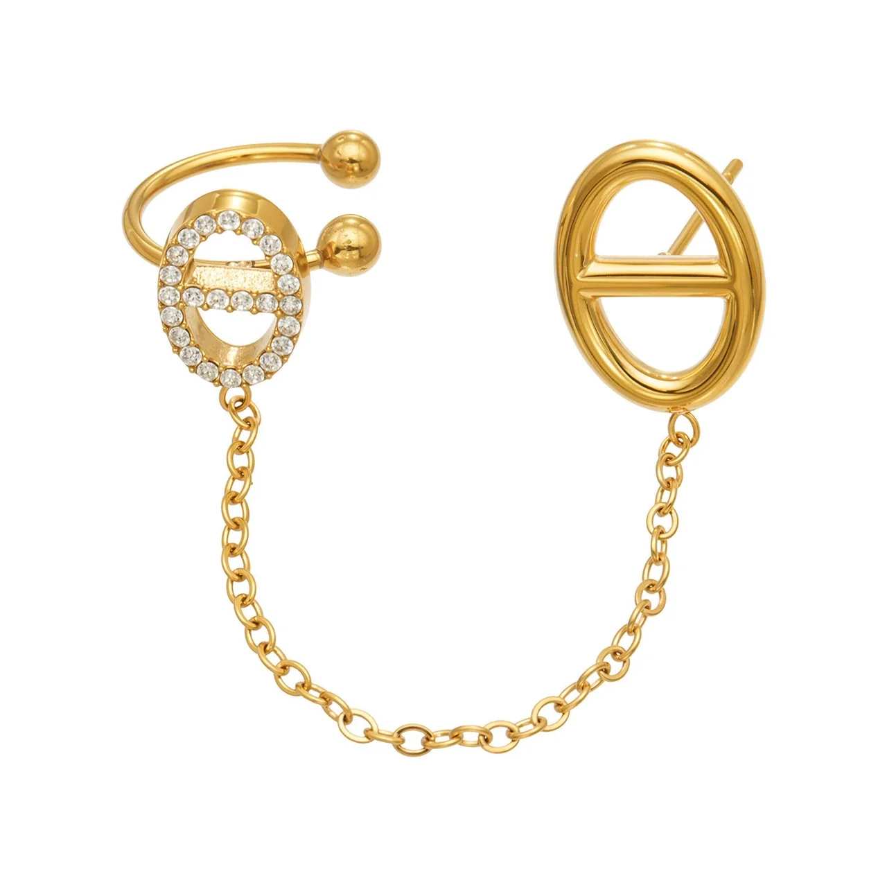 Ear Cuff and Stud Chain Earrings, 18K Gold-Plated Steel
