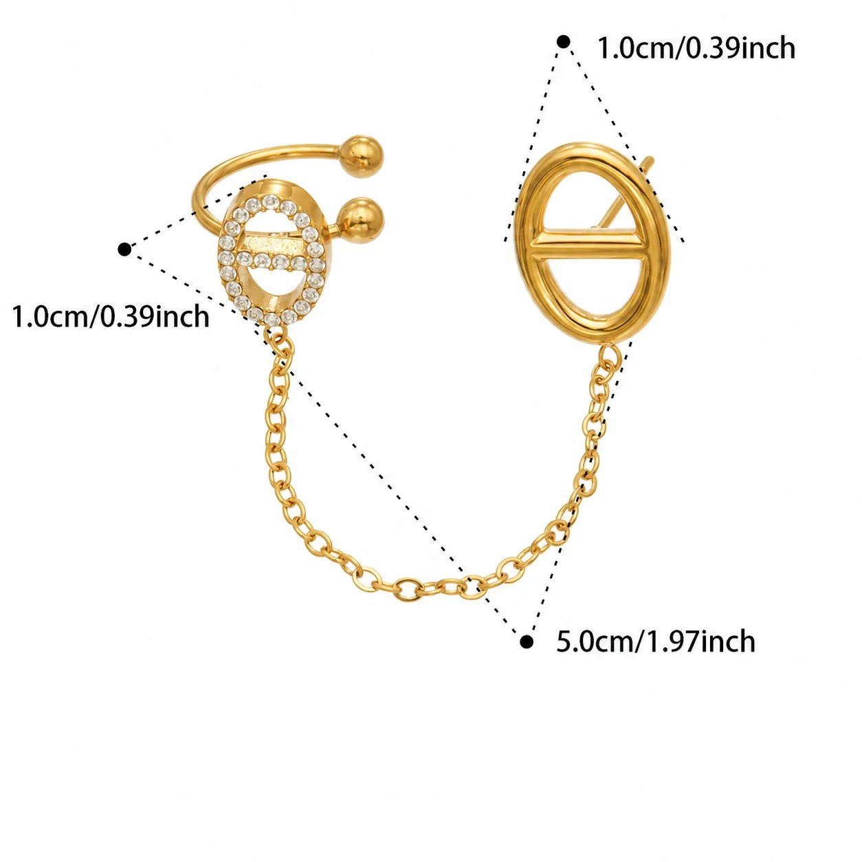 Foto del producto: Pendiente de cadena con ear cuff y botón, acero chapado en oro de 18K