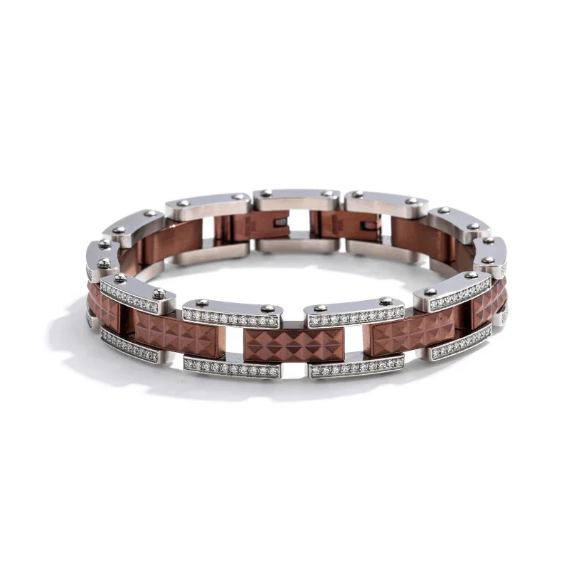 Bold 316 Stainless Steel Pavé Link Bracelet - Brown -Tone Side Pavé