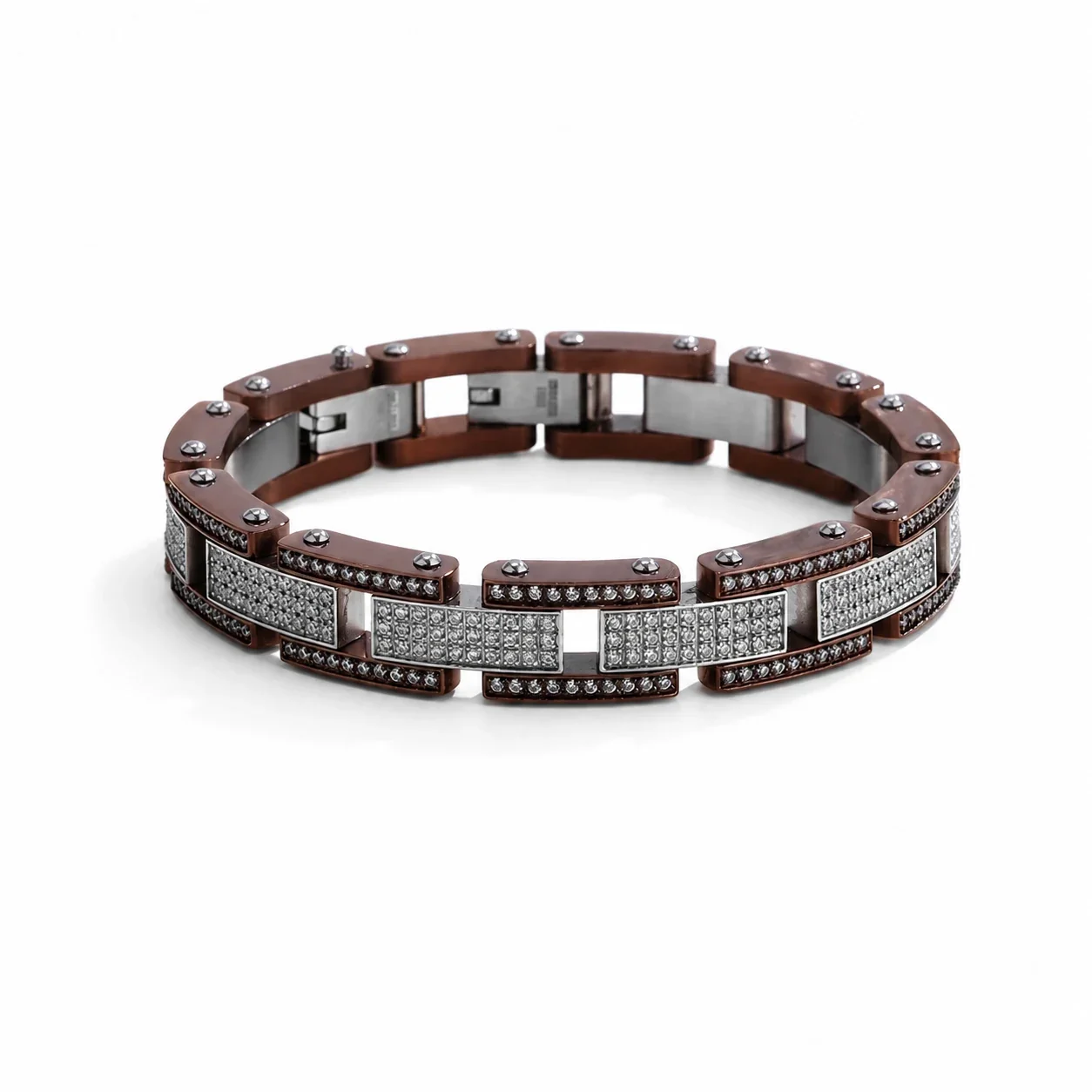 Bold 316 Stainless Steel Pavé Link Bracelet - Brown -Tone Full Pavé