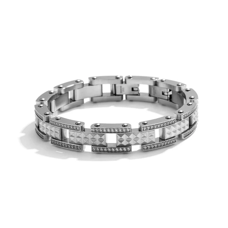 Bold 316 Stainless Steel Pavé Link Bracelet - Silver Side Pavé
