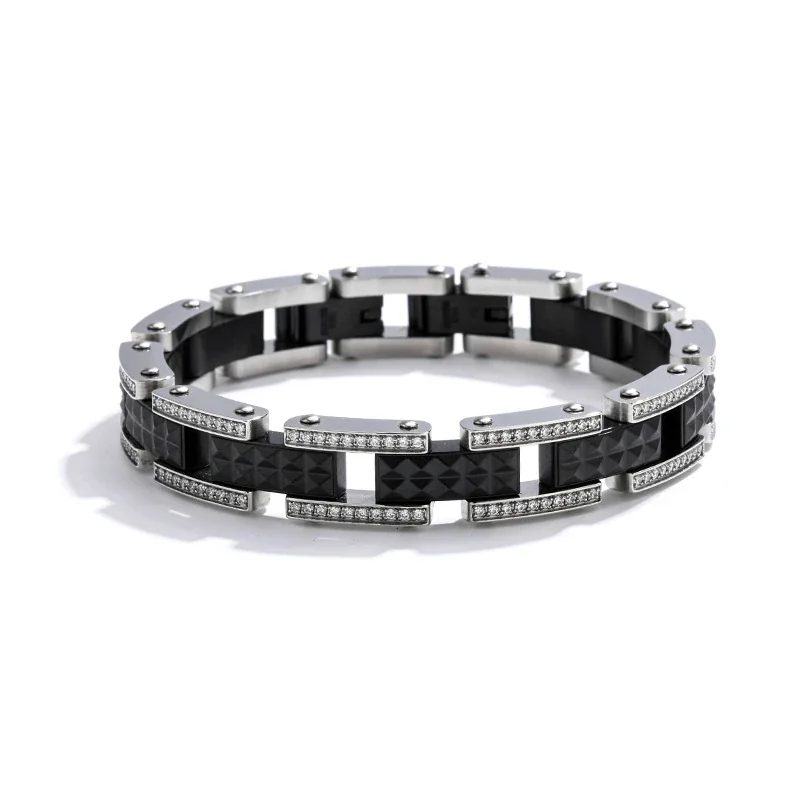 Bold 316 Stainless Steel Pavé Link Bracelet - Black -Tone Side Pavé