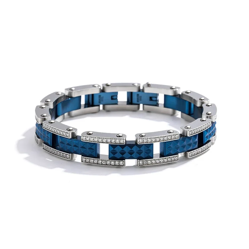 Bold 316 Stainless Steel Pavé Link Bracelet - Blue -Tone Side Pavé