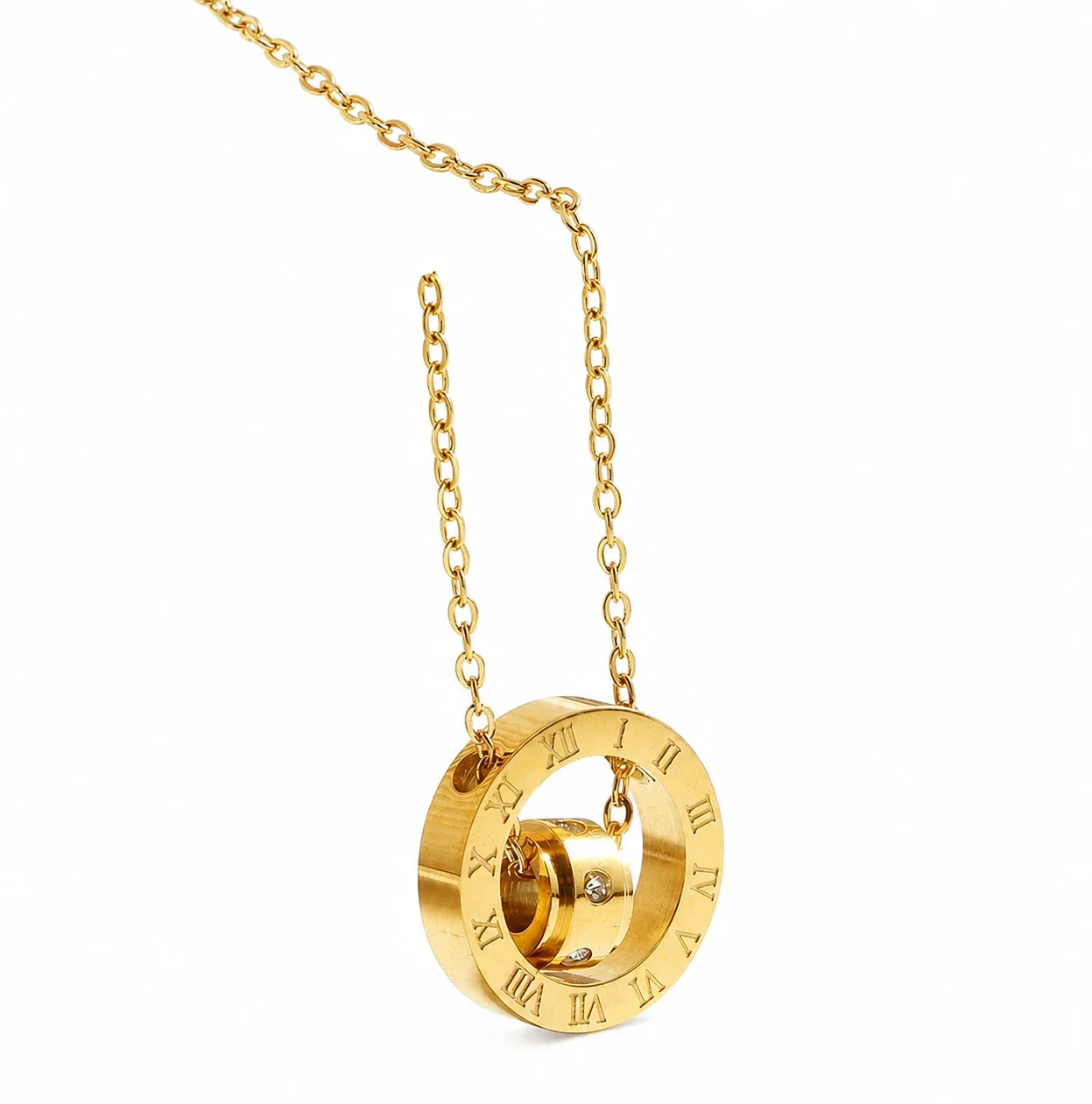 Refined Gold-Plated Roman Double Ring Pendant Necklace