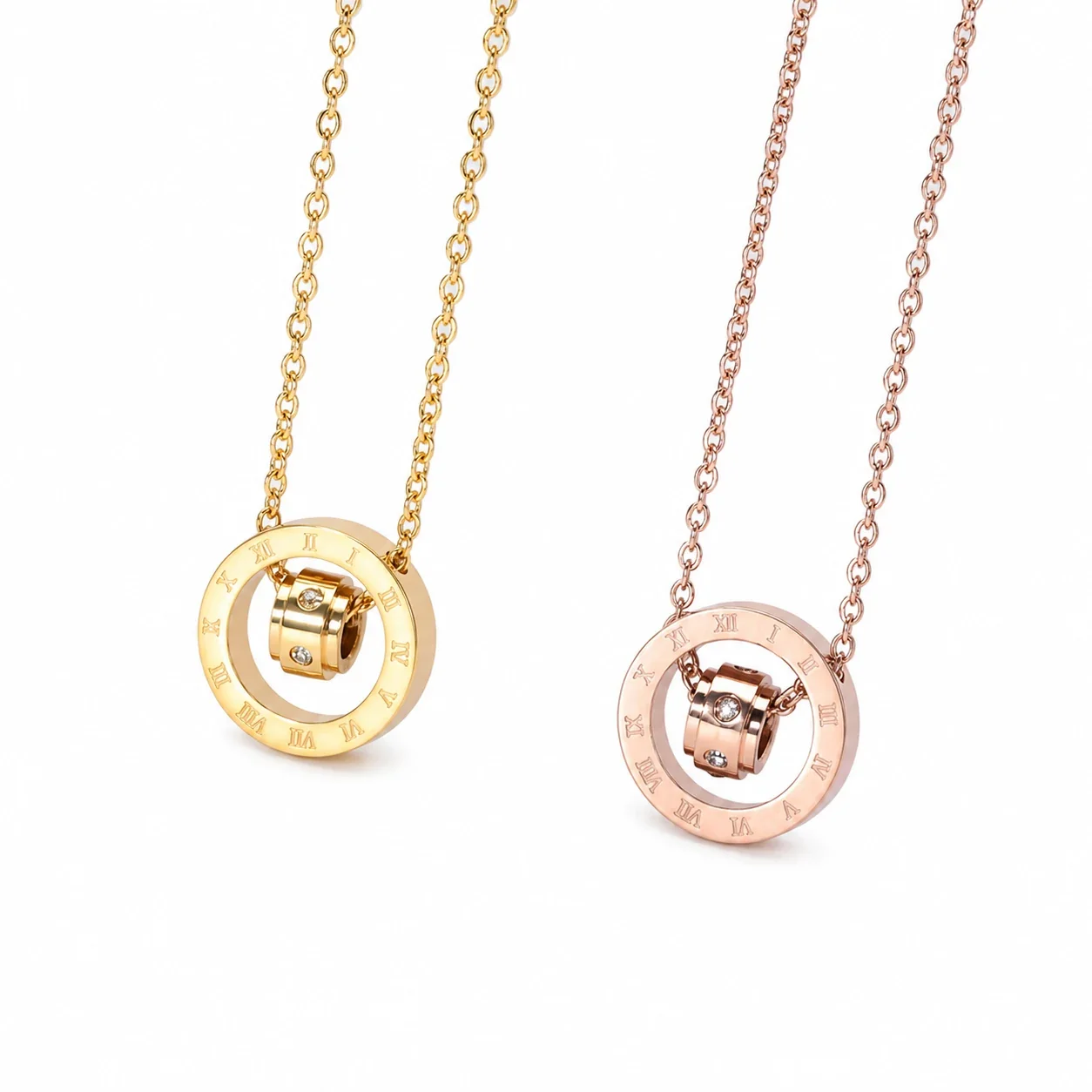 Refined Gold-Plated Roman Double Ring Pendant Necklace