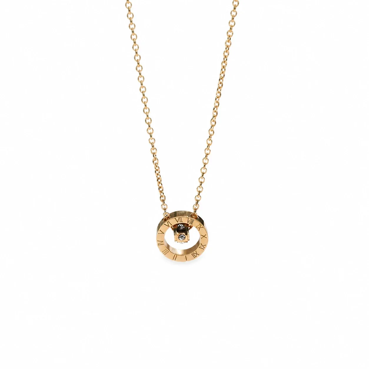Refined Gold-Plated Roman Double Ring Pendant Necklace