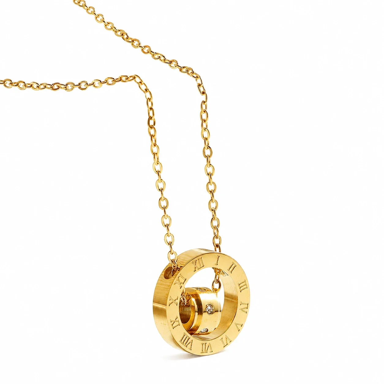 Refined Gold-Plated Roman Double Ring Pendant Necklace - Gold
