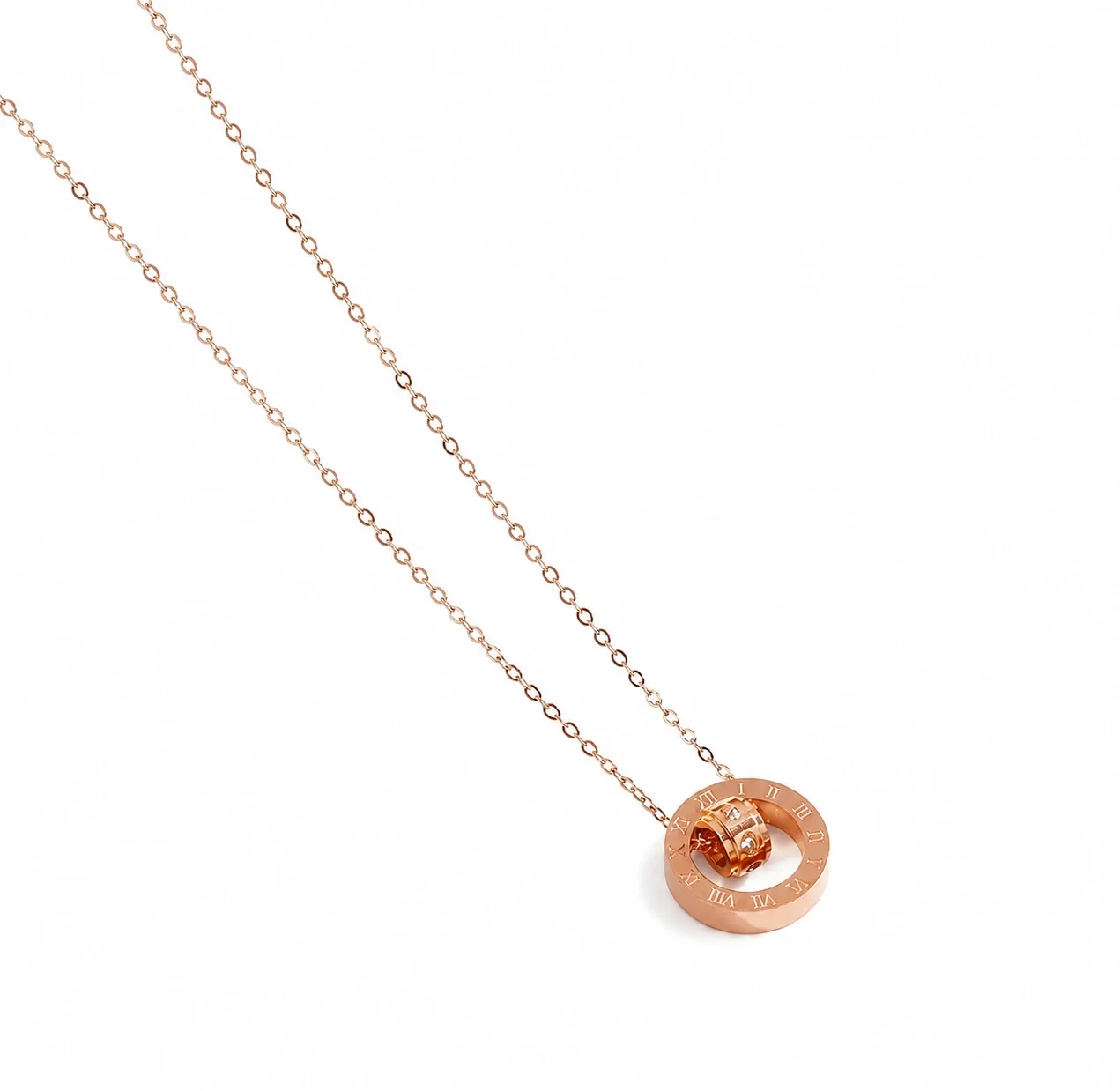Refined Gold-Plated Roman Double Ring Pendant Necklace - Rose Gold