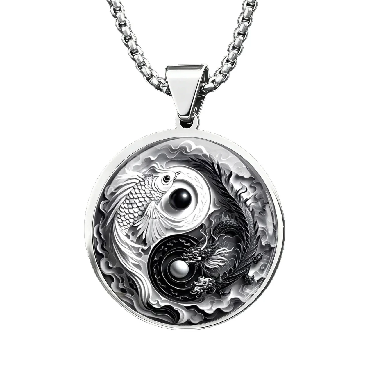 Yin Yang Koi Dragon Pendant Necklace, Stainless Steel