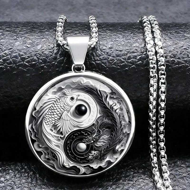 Yin Yang Koi Dragon Pendant Necklace, Stainless Steel