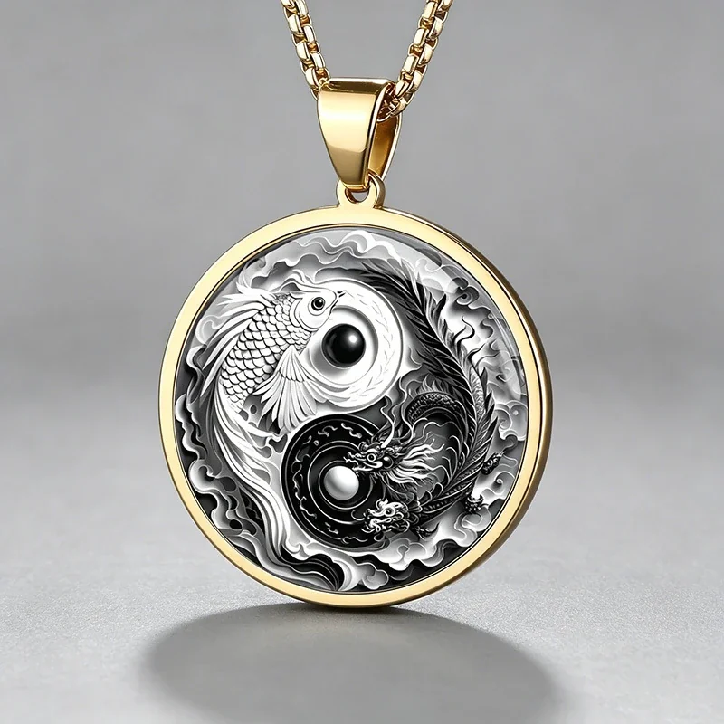 Yin Yang Koi Dragon Pendant Necklace, Stainless Steel