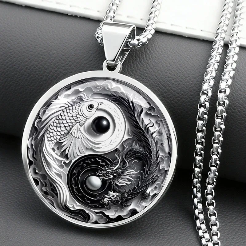 Yin Yang Koi Dragon Pendant Necklace, Stainless Steel