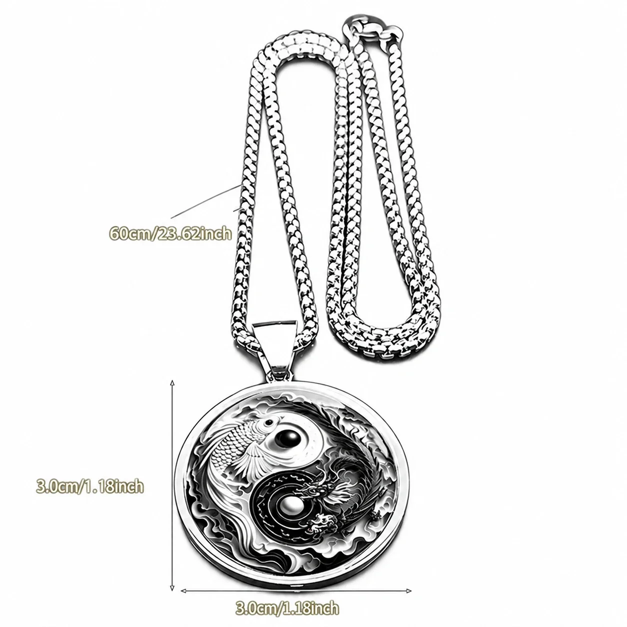 Yin Yang Koi Dragon Pendant Necklace, Stainless Steel