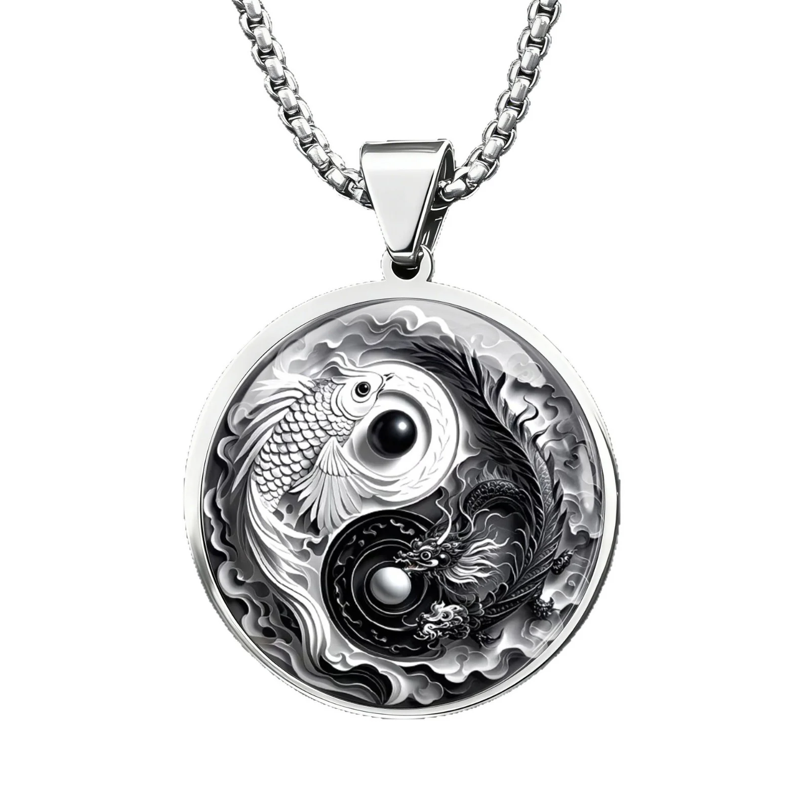 Yin Yang Koi Dragon Pendant Necklace, Stainless Steel - Dimensions