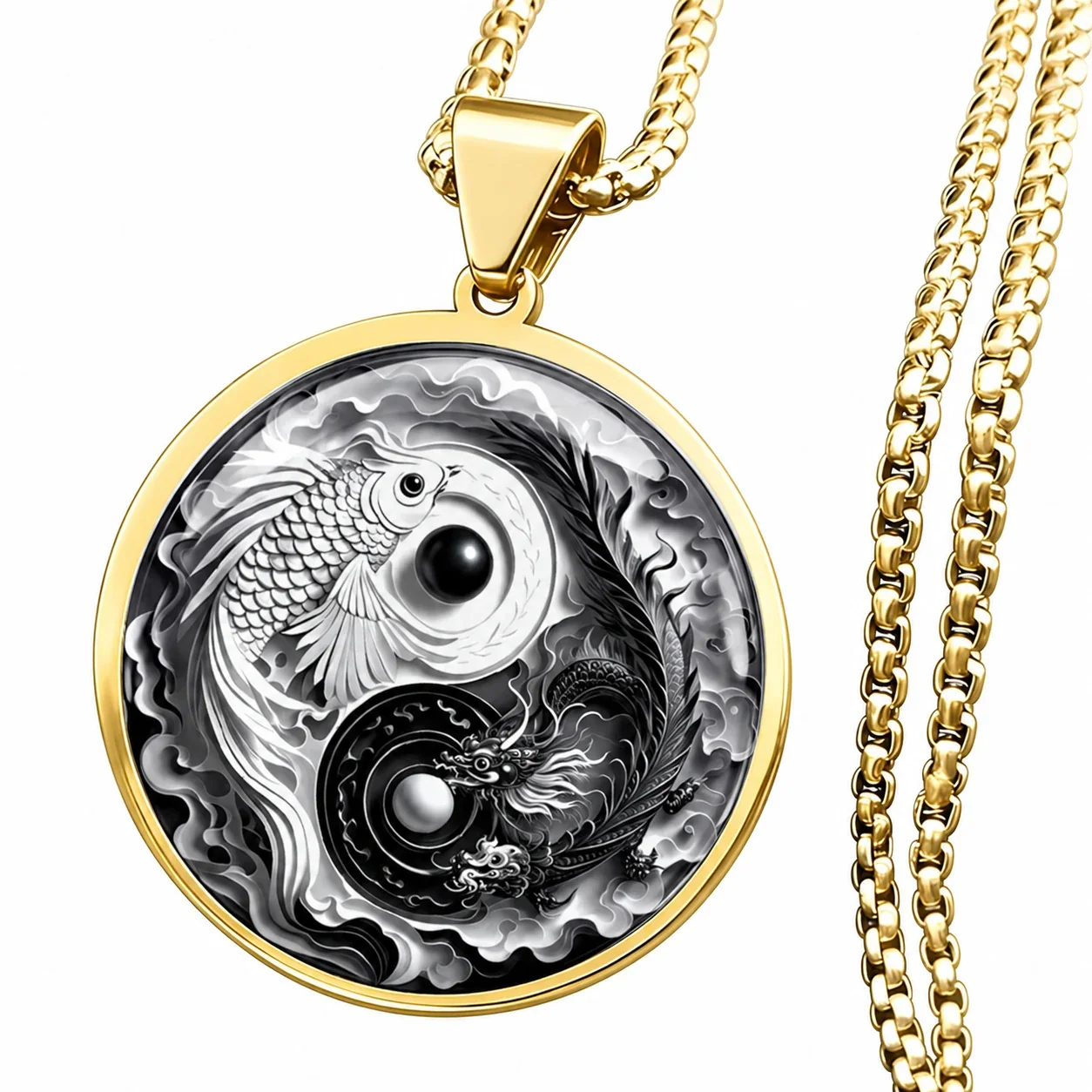 Yin Yang Koi Dragon Pendant Necklace, Stainless Steel - Gold