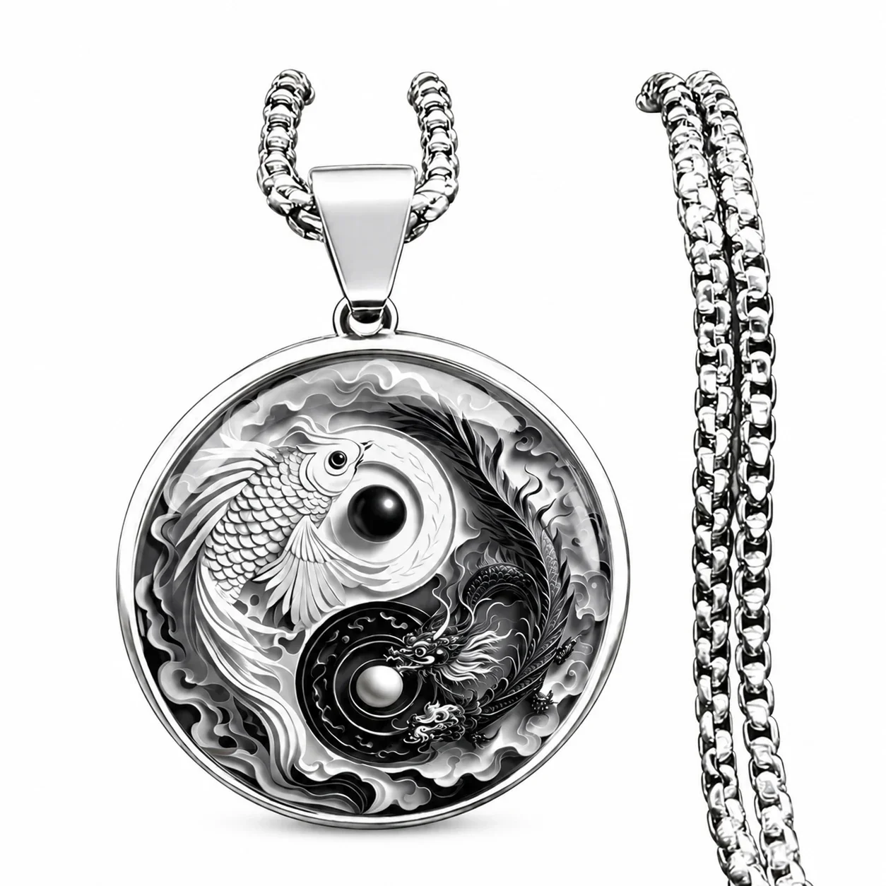 Yin Yang Koi Dragon Pendant Necklace, Stainless Steel - Silver