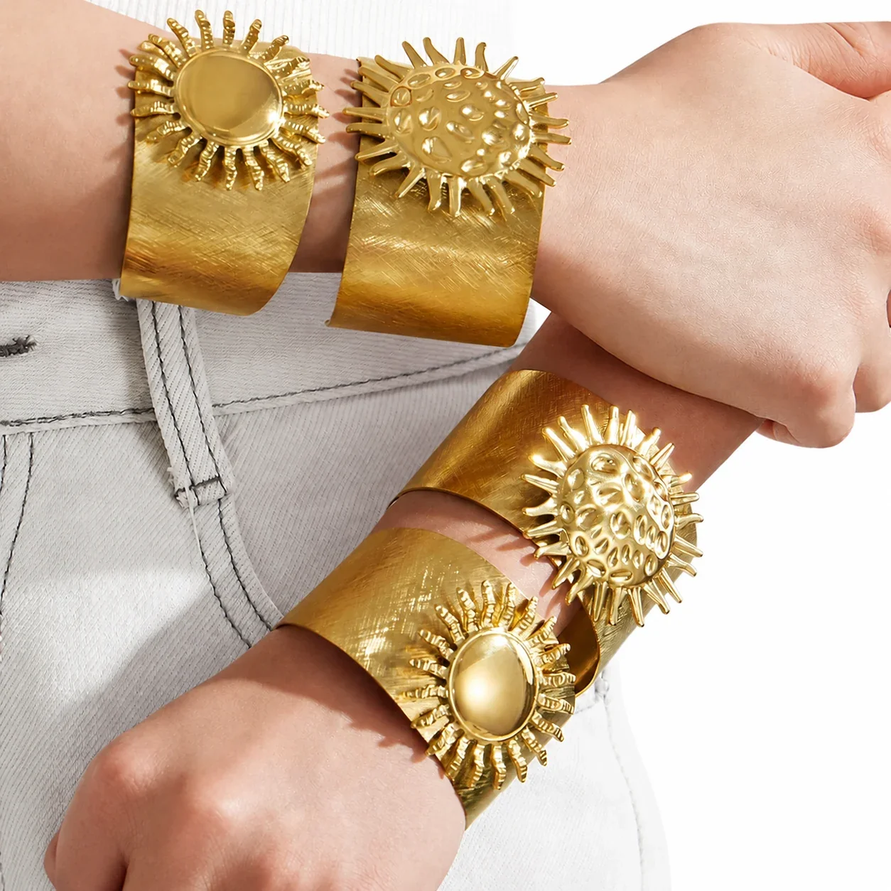 Radiant Gold-Plated 316L Sunburst Wide Cuff Bracelet