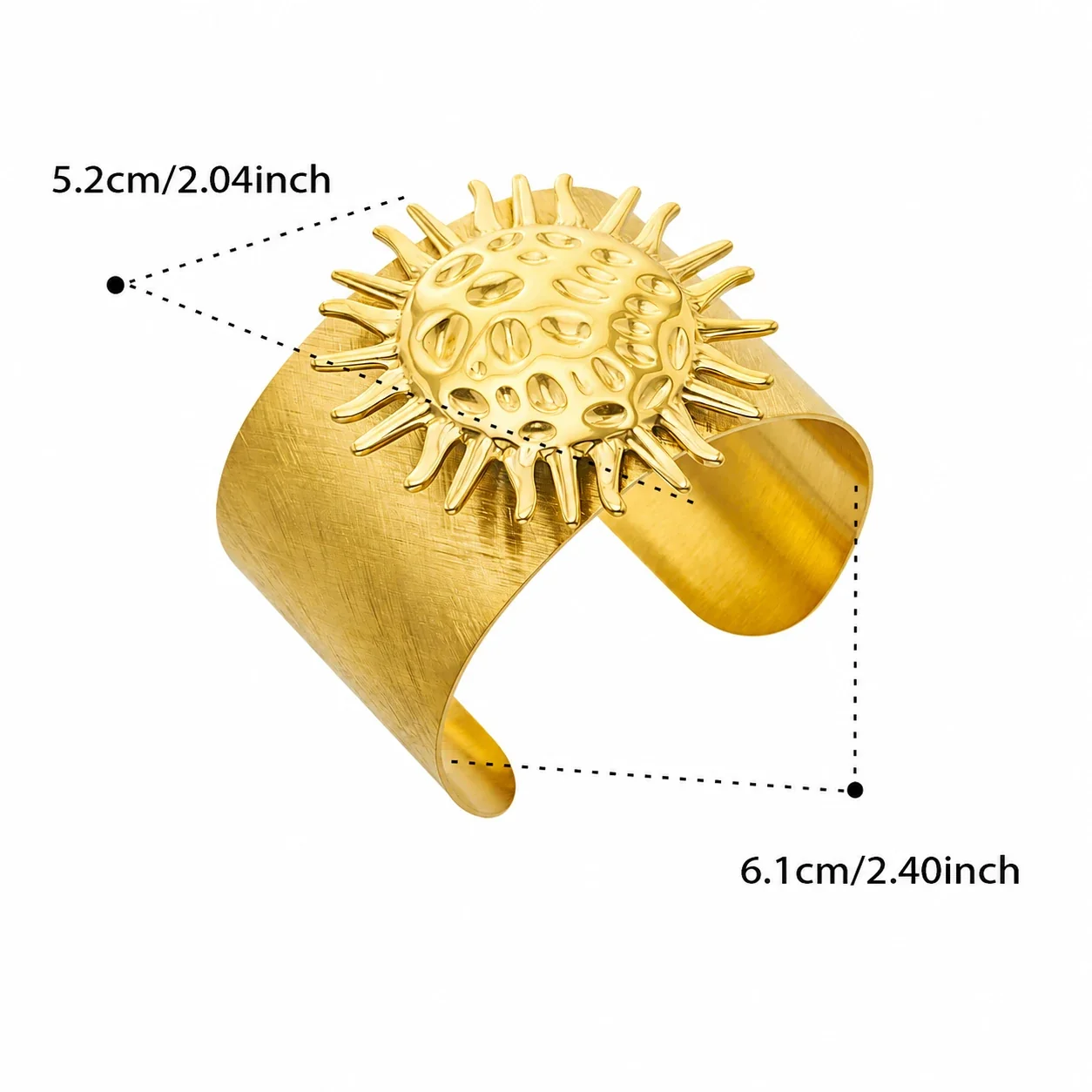 Radiant Gold-Plated 316L Sunburst Wide Cuff Bracelet - Gold Hammered Sun