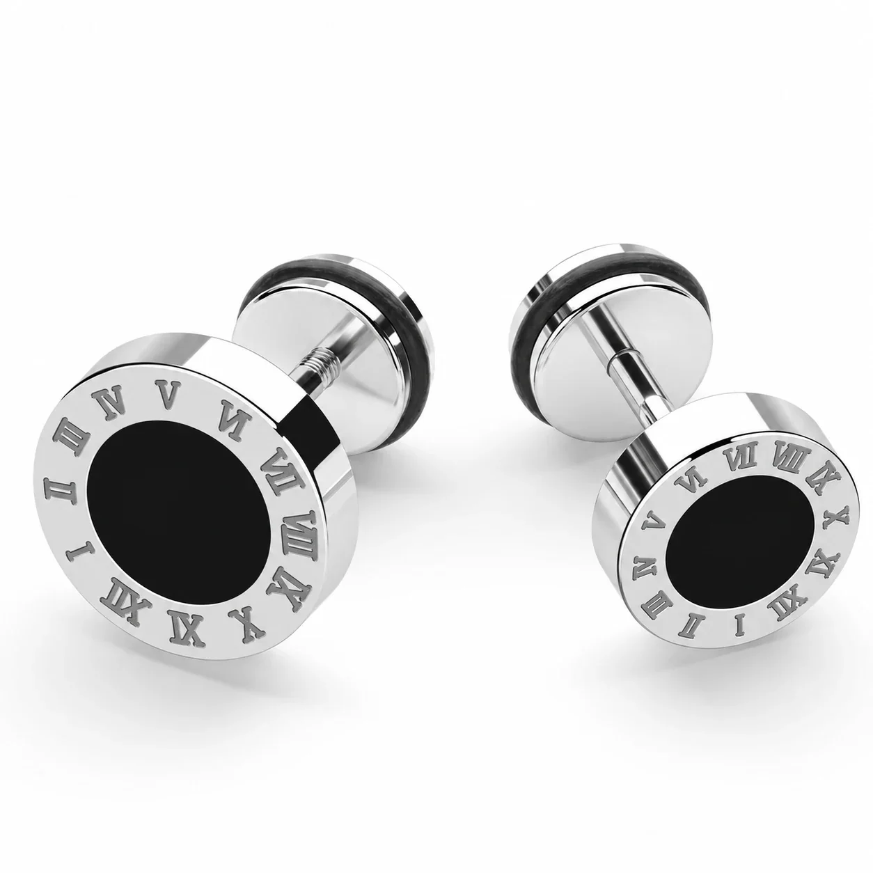 Minimal Stainless Steel Black Inlay Roman Numeral Stud Earrings