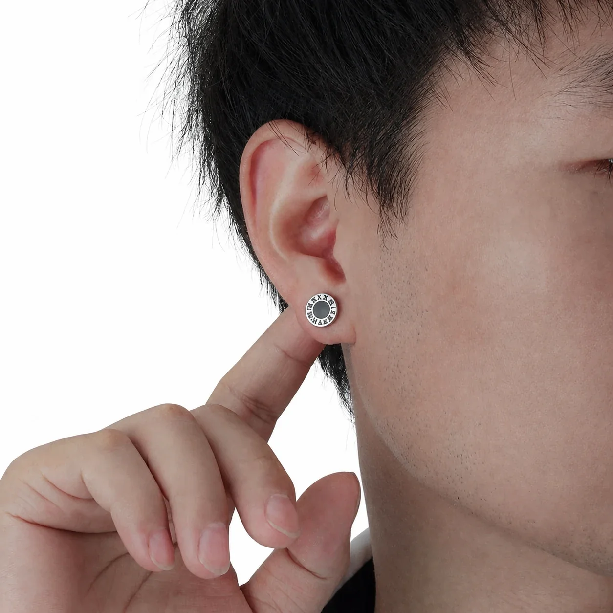 Minimal Stainless Steel Black Inlay Roman Numeral Stud Earrings
