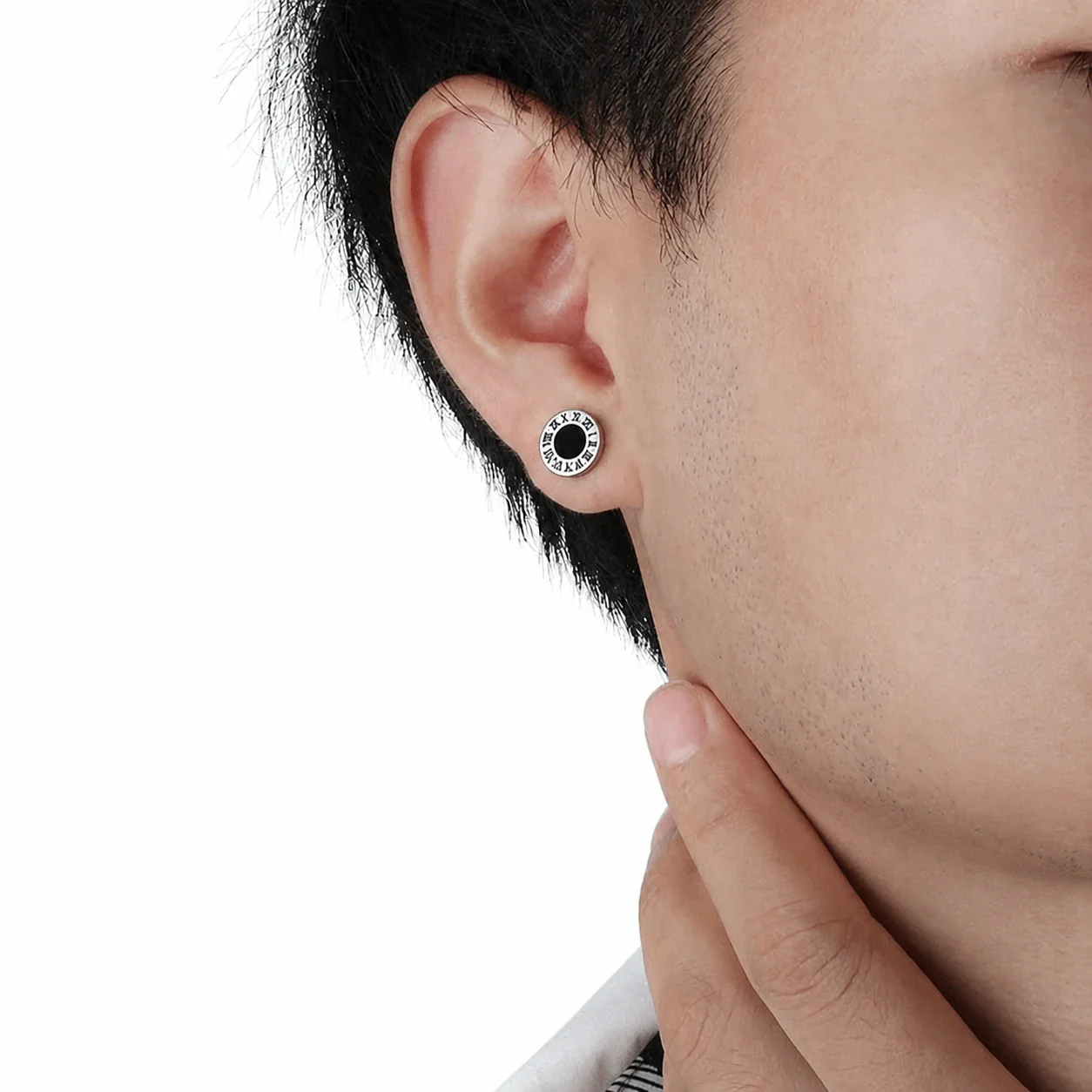 Minimal Stainless Steel Black Inlay Roman Numeral Stud Earrings