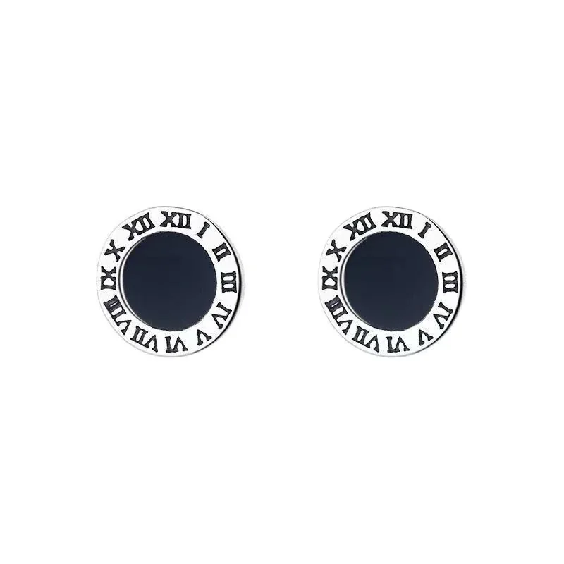 Minimal Stainless Steel Black Inlay Roman Numeral Stud Earrings