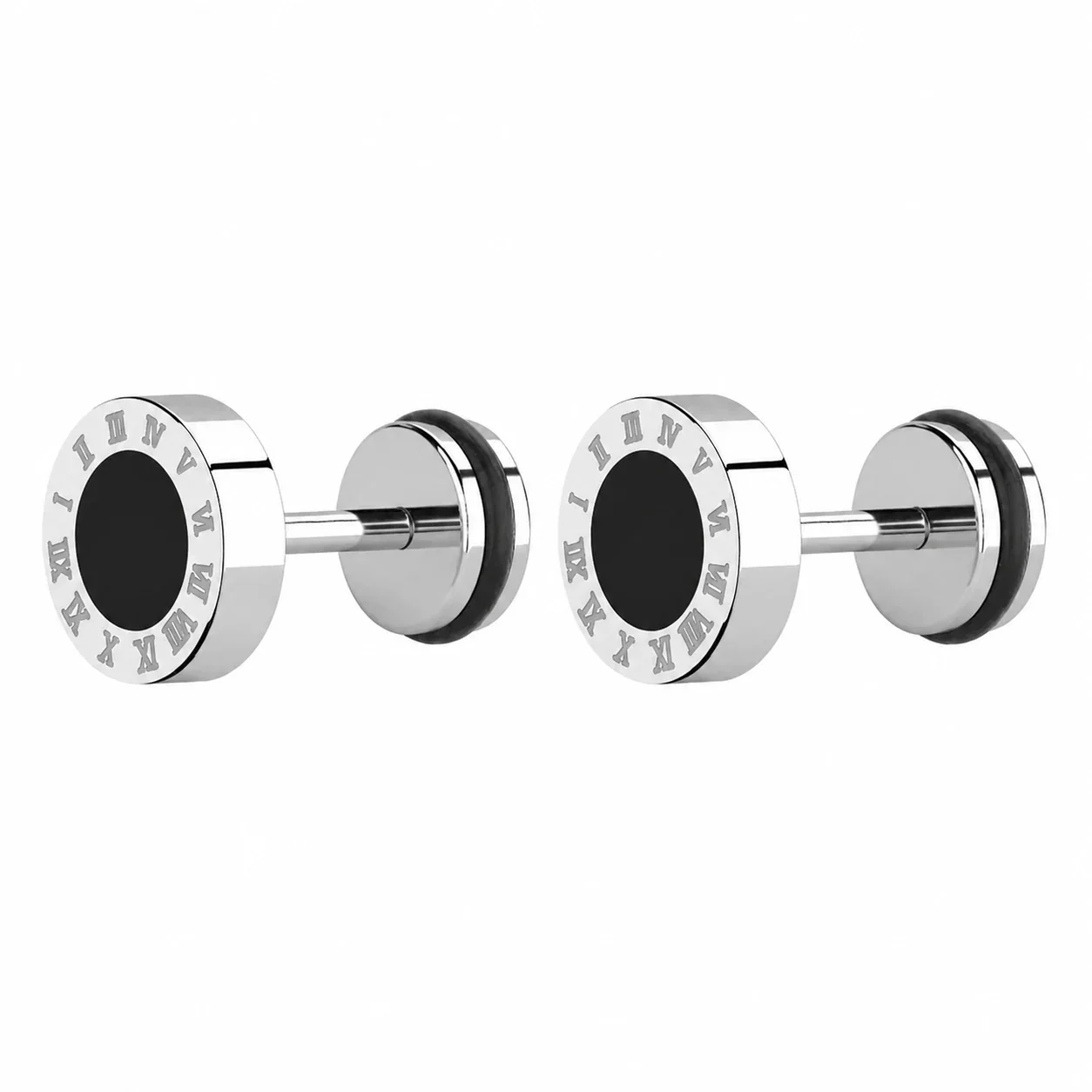Minimal Stainless Steel Black Inlay Roman Numeral Stud Earrings - Silver mm Pair