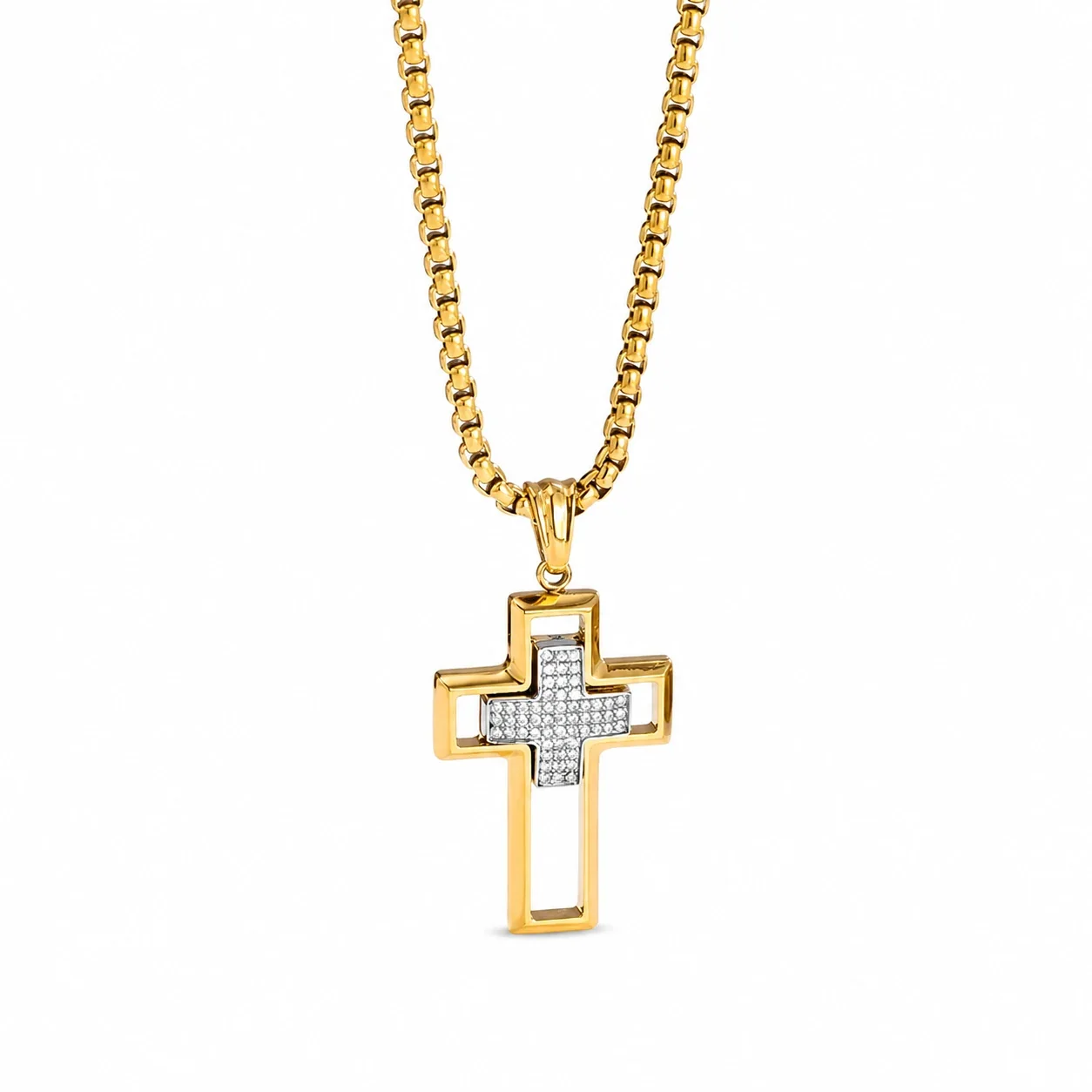 316 Stainless Steel Pavé Cross Pendant Necklace